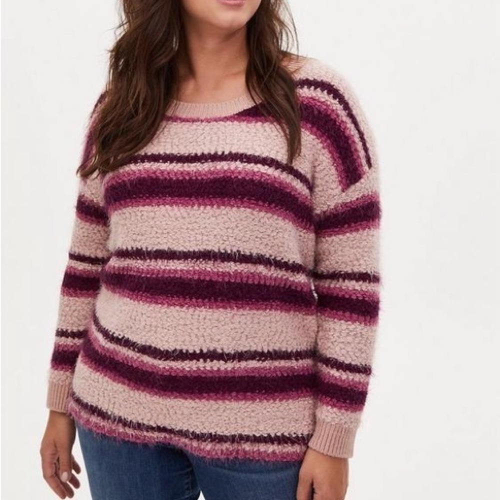 Women’s torrid 1 Pink Purple Striped Fuzzy Pullover Drop Shoulder Sweater 14 16